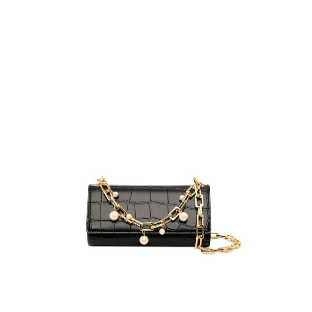 APEDE MOD Women's Black Crocodile Print Suede Faux Pearls Chain Strap Wallet